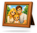 A framed cartoon family portrait standing on a shelf inside the Trisha & Door family memory cabinet.