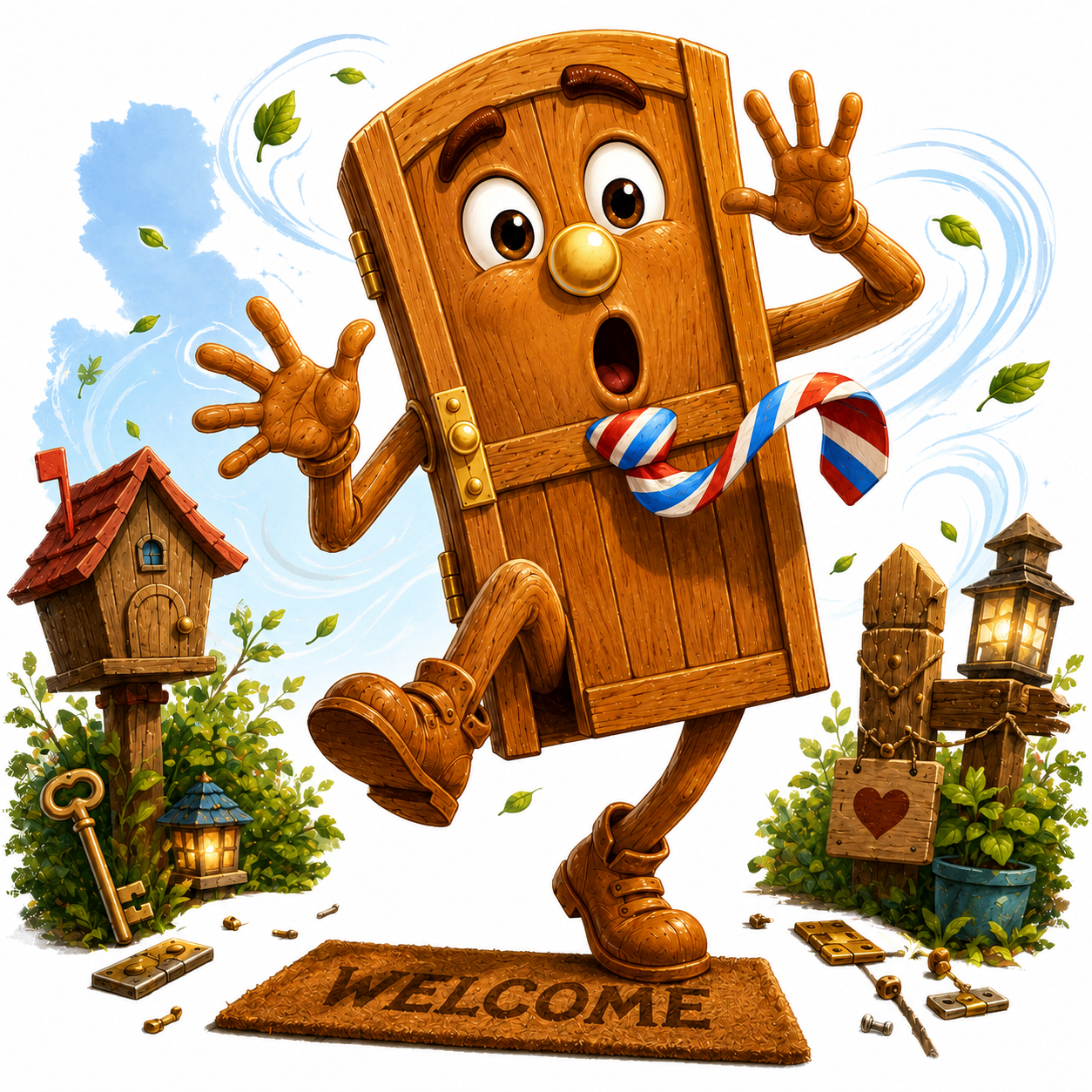 Door, the animated wooden door, waves with a surprised expression outside his cozy woodland home.