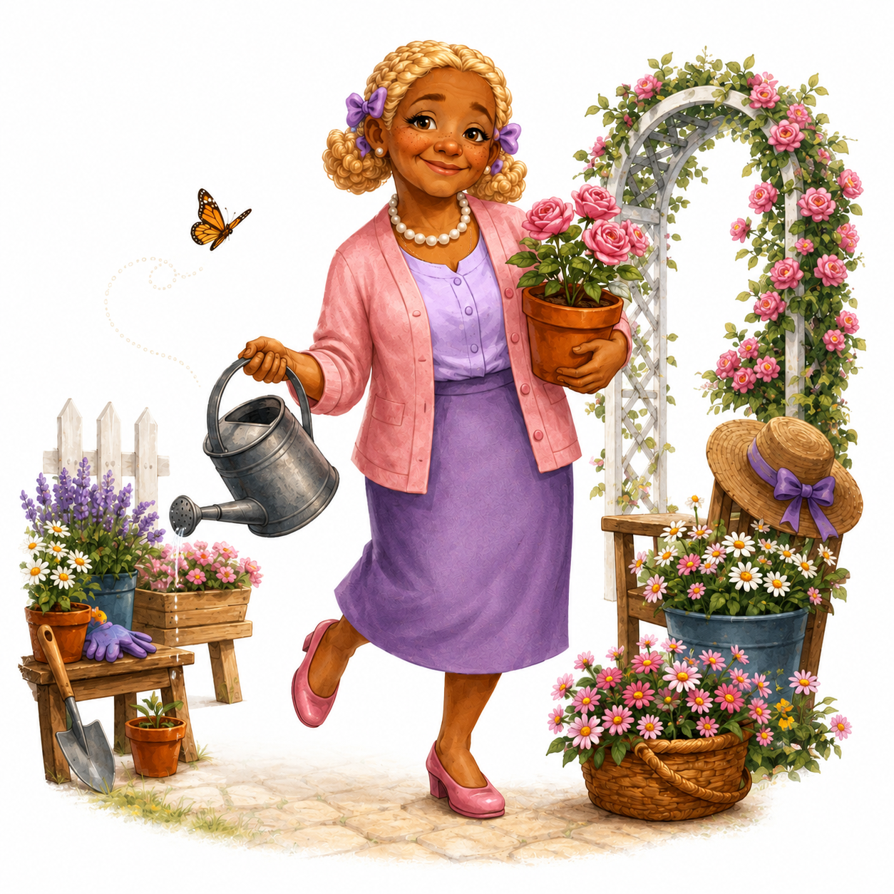 Deborah carries a blooming rose and watering can while tending her beautiful flower garden.