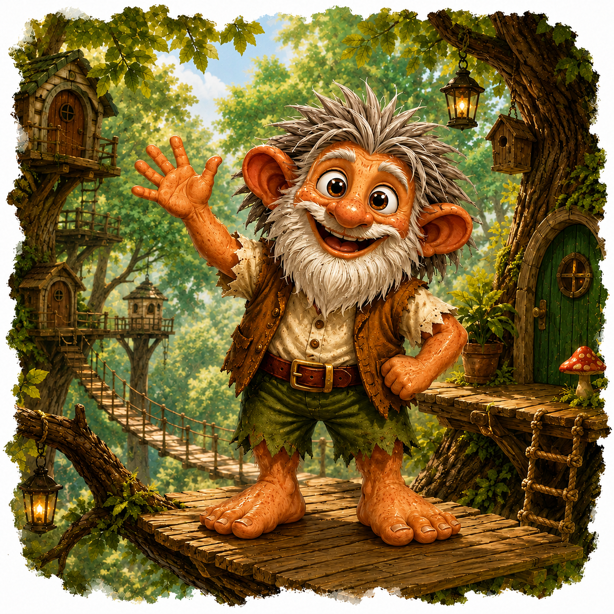 Ooga Booga Booga Man cheerfully waves from his whimsical treehouse village in the forest.